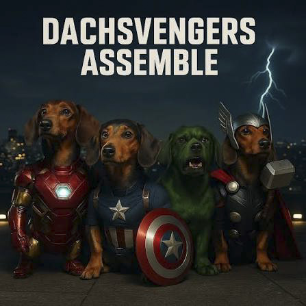 Dachsvengers Assemble poster with four dachshunds in superhero costumes on a rooftop