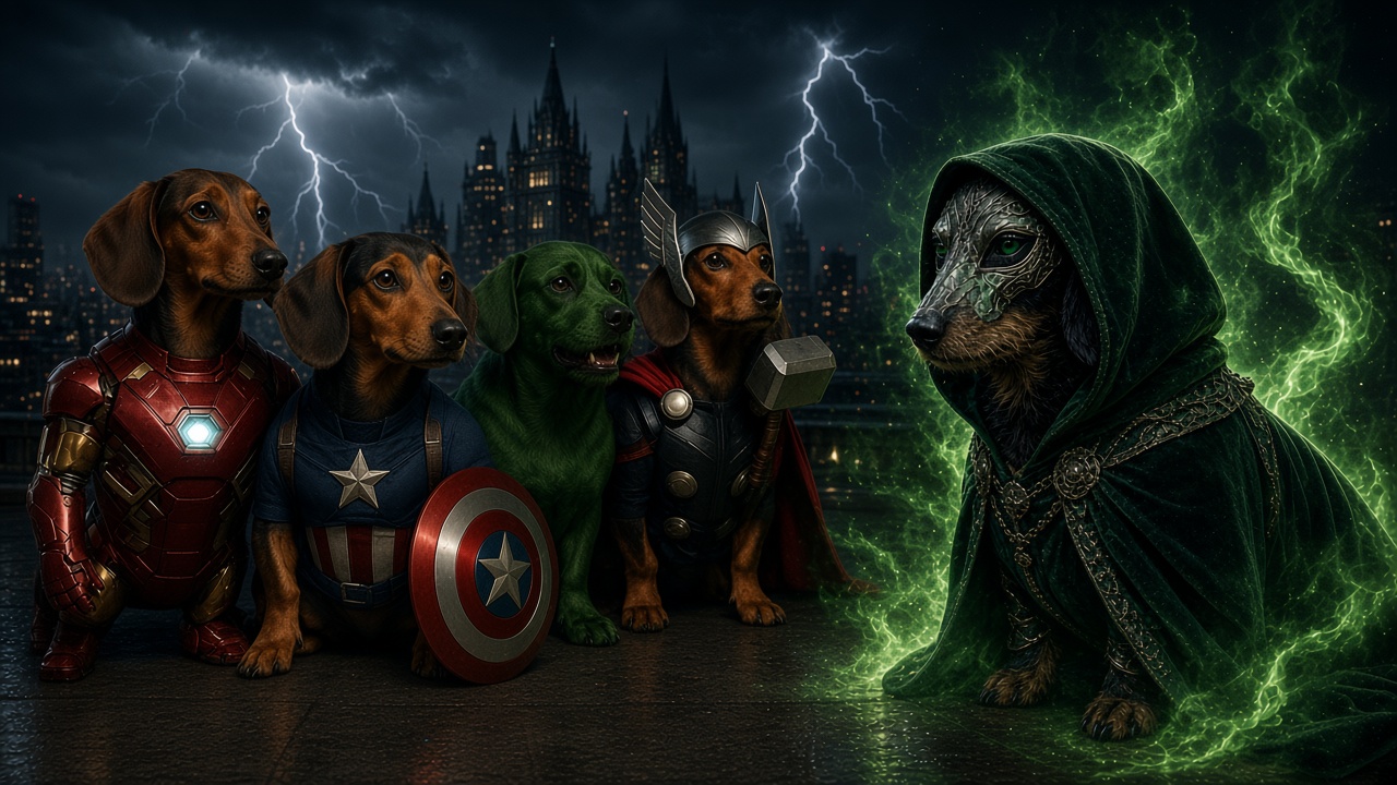 Four costumed dachshunds facing a cloaked dachshund villain on a stormy city rooftop