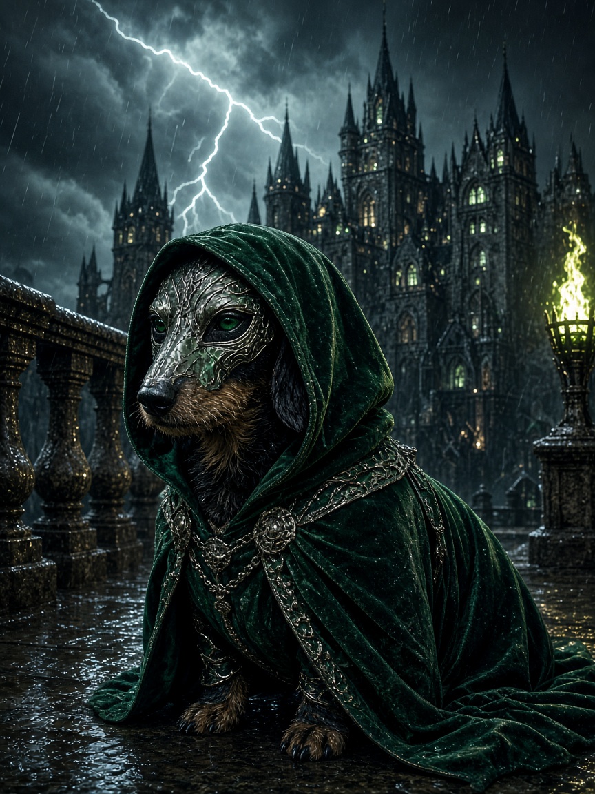 A cloaked dachshund in a metal mask, the Doomsday mascot of this litter